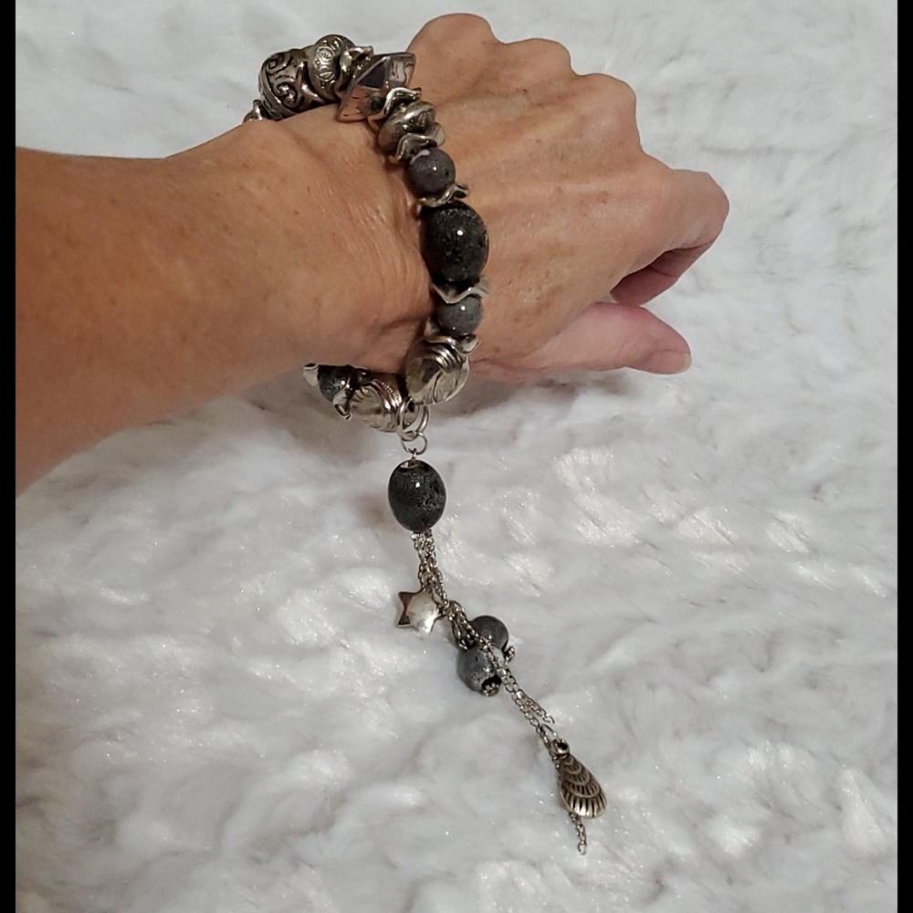Silvertone Mixed Media Gray beads stones gems findings charms dangles bracelet